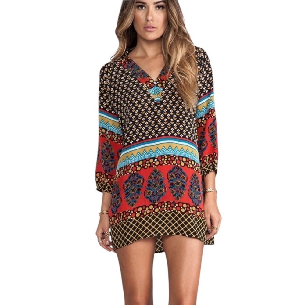 TOLANI Nisha 100% Silk Boho Tunic Top Mini Dress Women's Size S